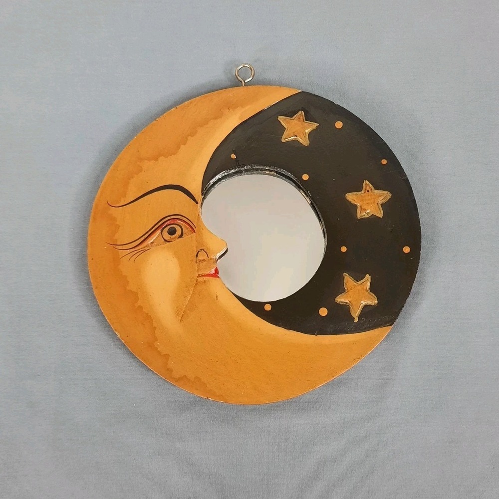 Vintage Celestial Crescent Moon Stars Mirror 6in Hand Painted Whimsigoth 90s